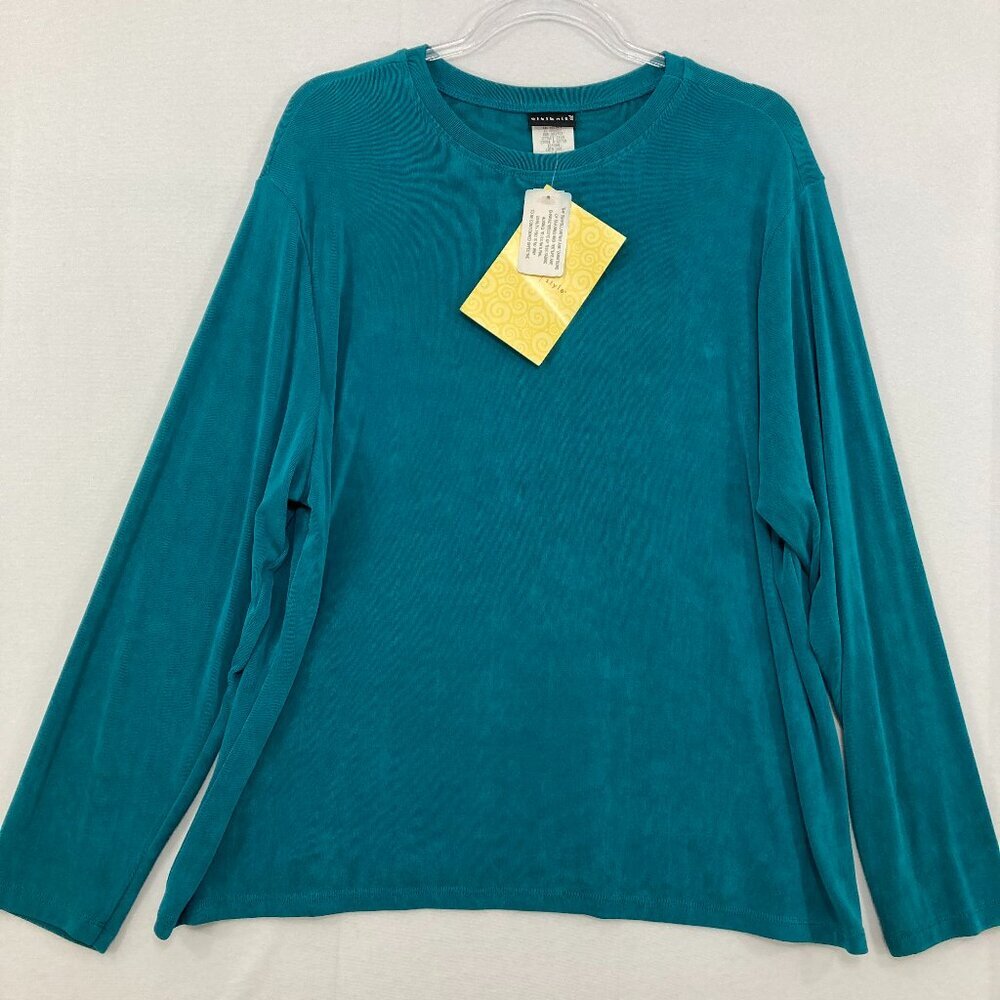New Citiknits 1X Teal Crew‎ Neck Slinky Knit Stretch Pullover Long Sleeve Top